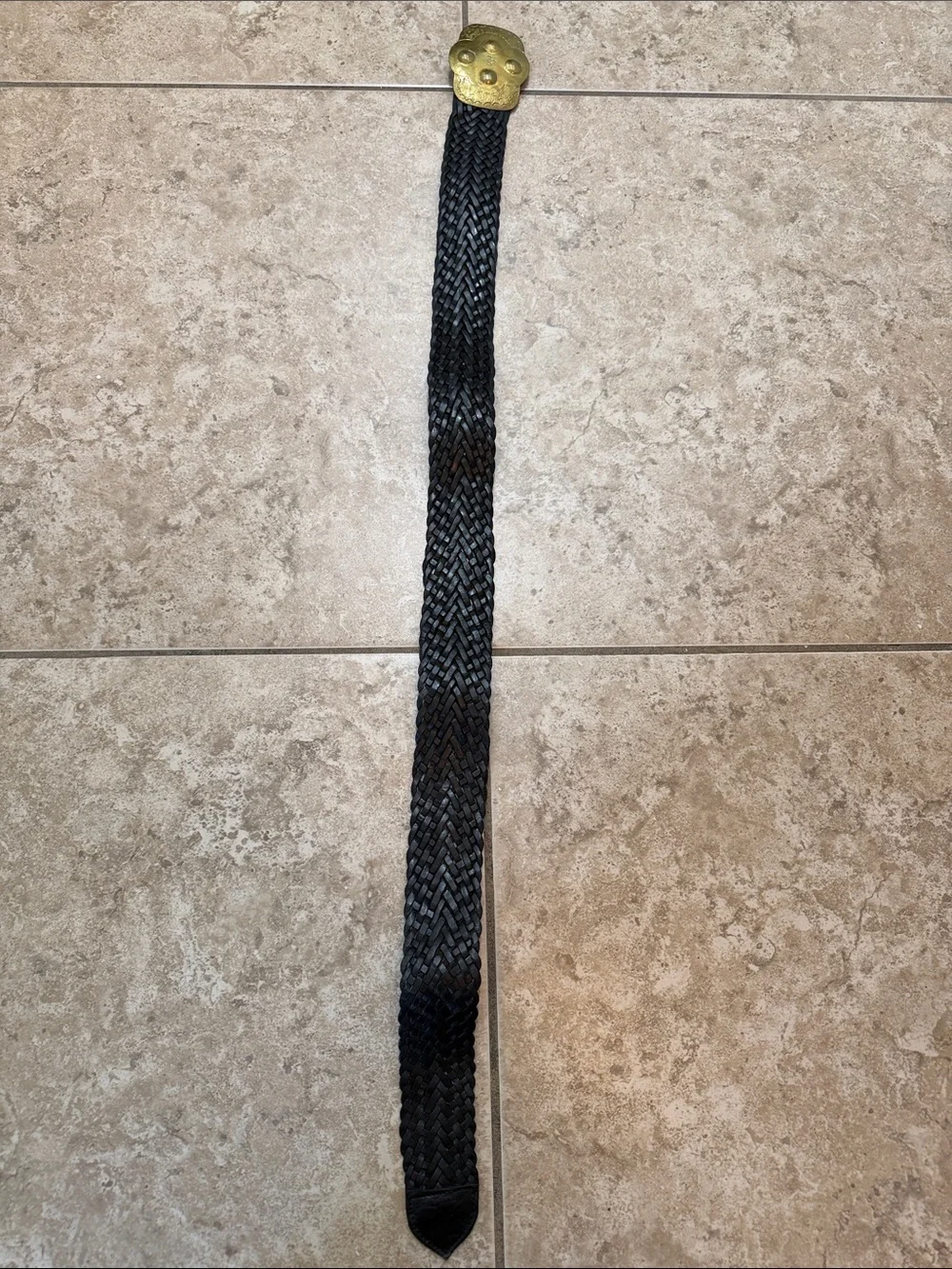 Vintage Woven Black Leather Belt with Brass Skull Buckle